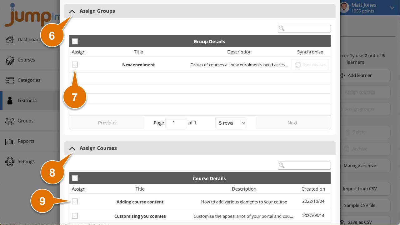 Assign groups and courses