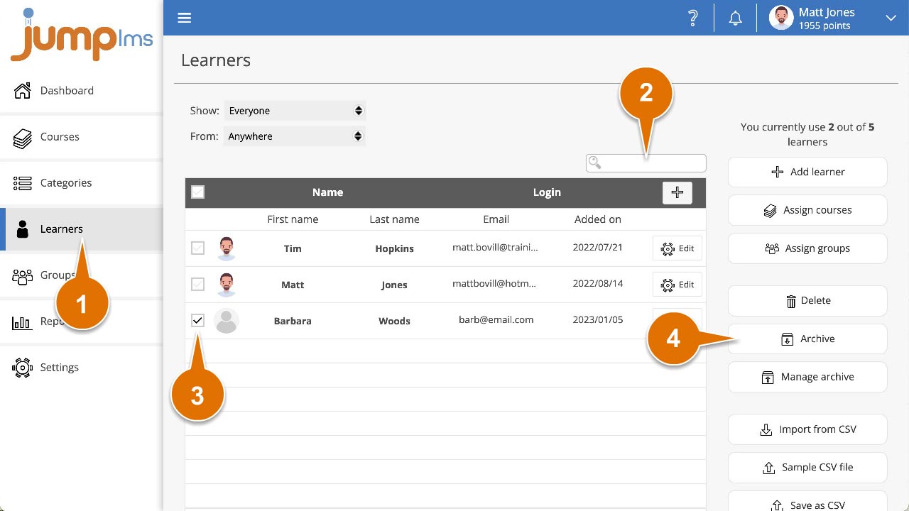 Click learners find learner tick and click archive