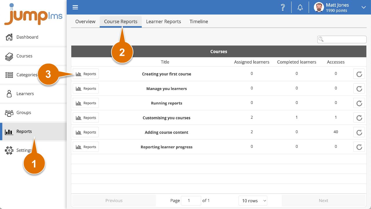 Click reports and select course reports