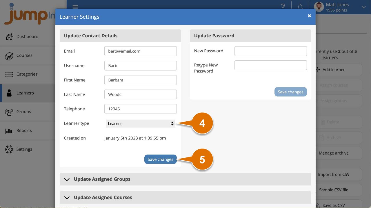 Select learner type andclick save changes